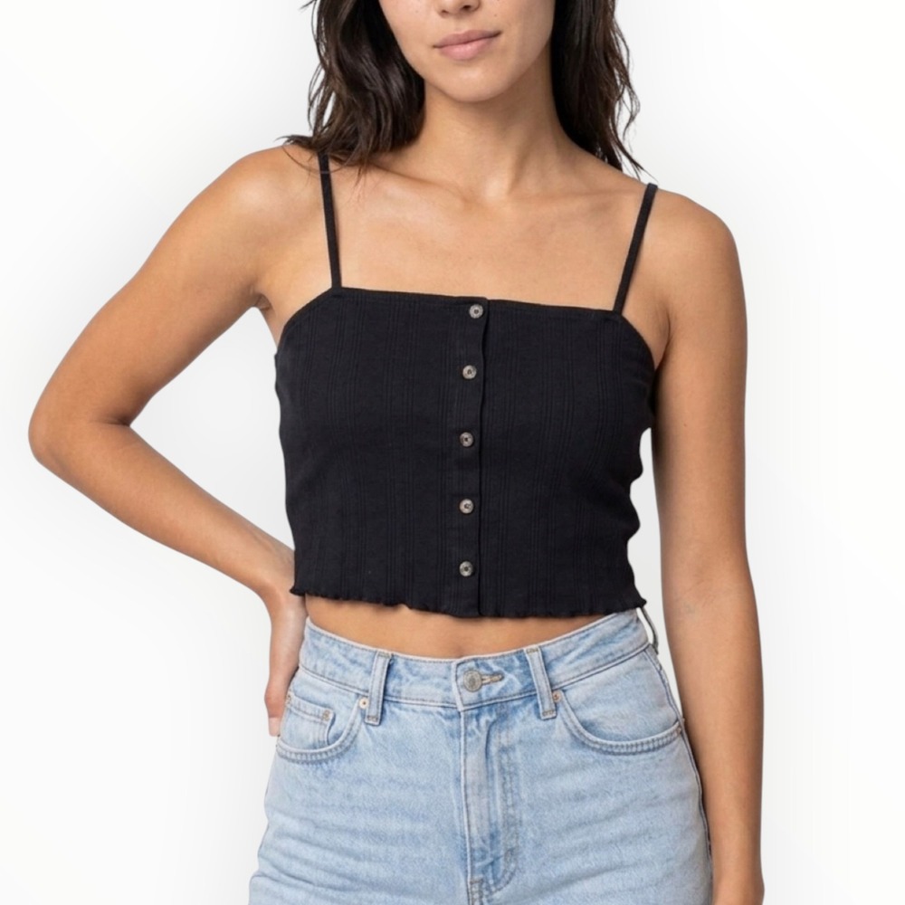 Y2K Volcom Navy Blue Button-Front Spaghetti Strap Crop Top